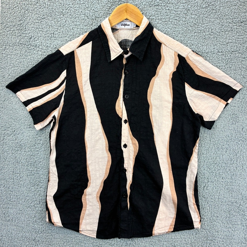 Vatpave Shirt Button Down Wavy Stripe Men's S Black Tan Summer Beach Casual
